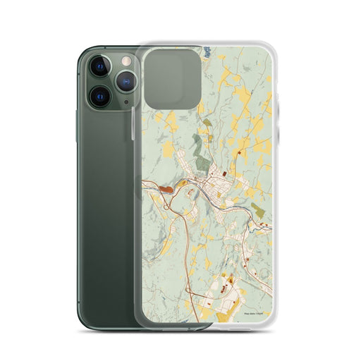Custom Montpelier Vermont Map Phone Case in Woodblock on Table with Laptop and Plant