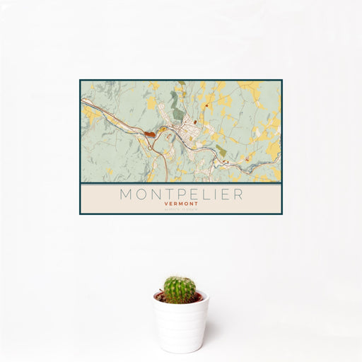 12x18 Montpelier Vermont Map Print Landscape Orientation in Woodblock Style With Small Cactus Plant in White Planter