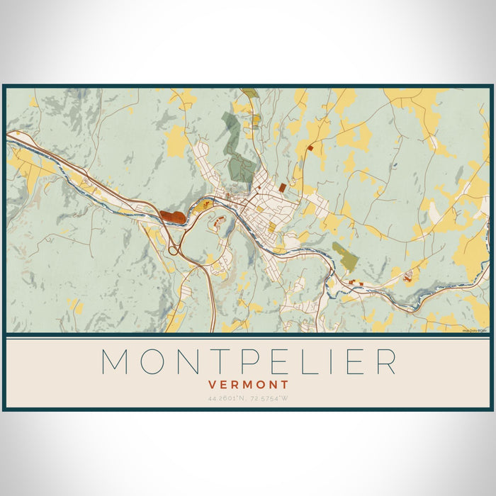 Montpelier Vermont Map Print Landscape Orientation in Woodblock Style With Shaded Background