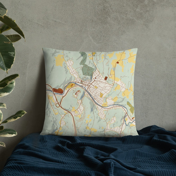 Custom Montpelier Vermont Map Throw Pillow in Woodblock on Bedding Against Wall