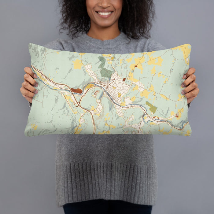 Person holding 20x12 Custom Montpelier Vermont Map Throw Pillow in Woodblock