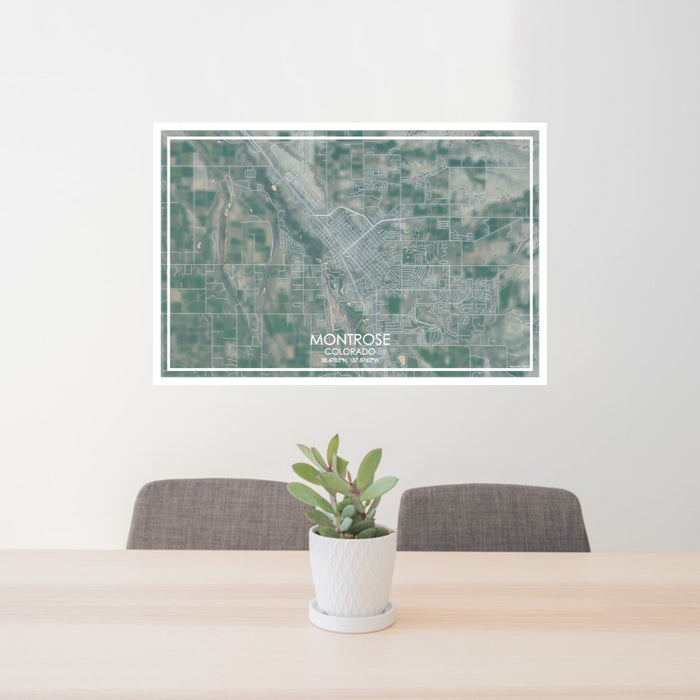 24x36 Montrose Colorado Map Print Lanscape Orientation in Afternoon Style Behind 2 Chairs Table and Potted Plant