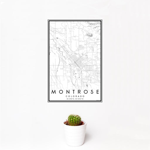 12x18 Montrose Colorado Map Print Portrait Orientation in Classic Style With Small Cactus Plant in White Planter