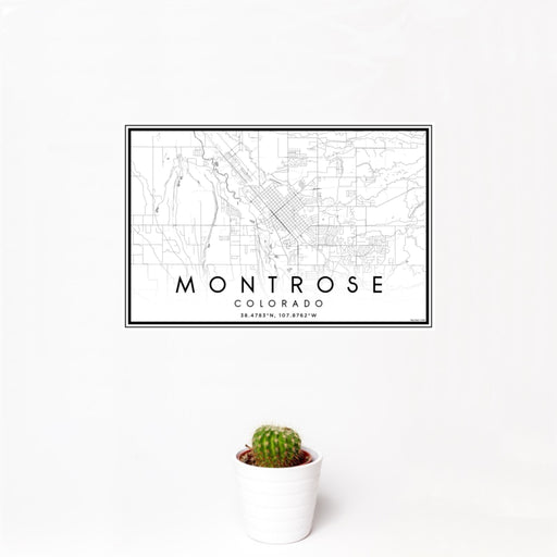 12x18 Montrose Colorado Map Print Landscape Orientation in Classic Style With Small Cactus Plant in White Planter