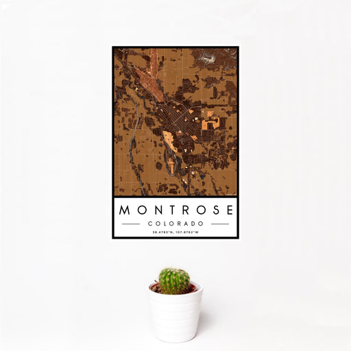 12x18 Montrose Colorado Map Print Portrait Orientation in Ember Style With Small Cactus Plant in White Planter