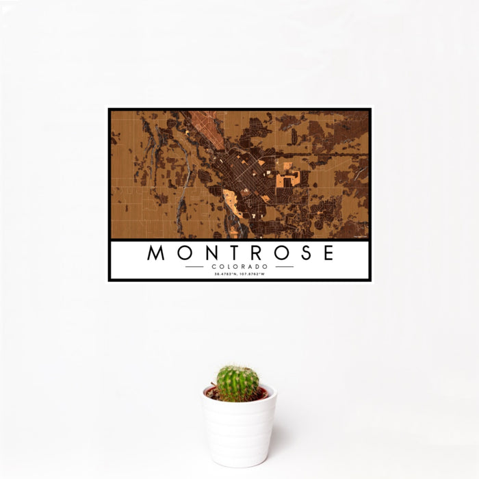12x18 Montrose Colorado Map Print Landscape Orientation in Ember Style With Small Cactus Plant in White Planter