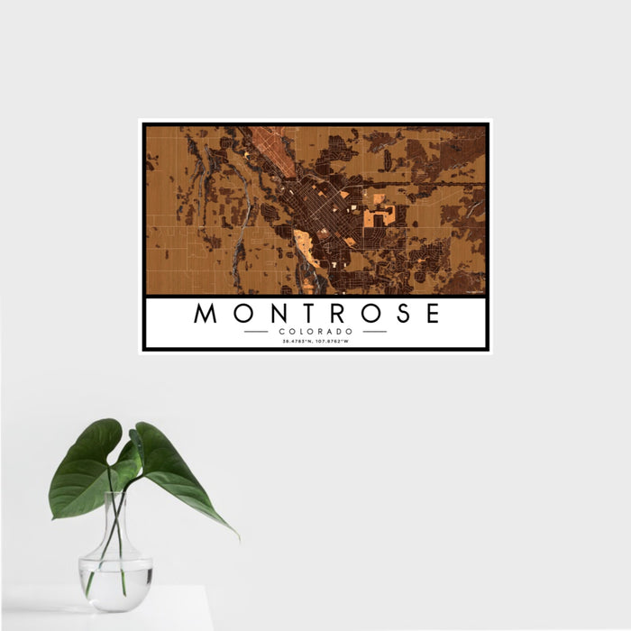16x24 Montrose Colorado Map Print Landscape Orientation in Ember Style With Tropical Plant Leaves in Water