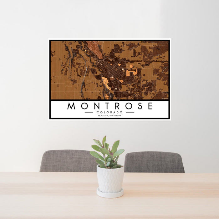 24x36 Montrose Colorado Map Print Landscape Orientation in Ember Style Behind 2 Chairs Table and Potted Plant