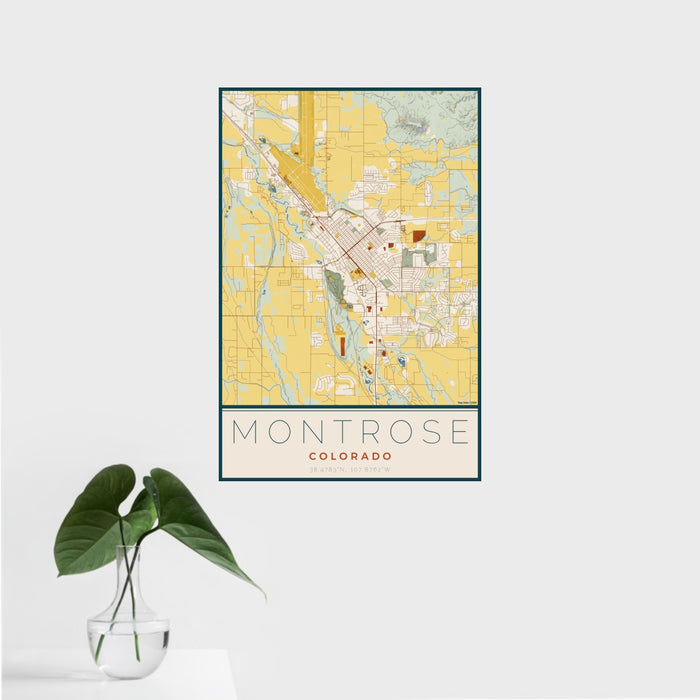 16x24 Montrose Colorado Map Print Portrait Orientation in Woodblock Style With Tropical Plant Leaves in Water