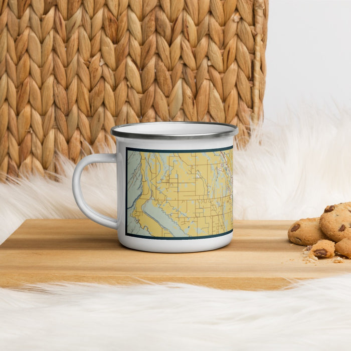 Left View Custom Montrose Colorado Map Enamel Mug in Woodblock on Table Top