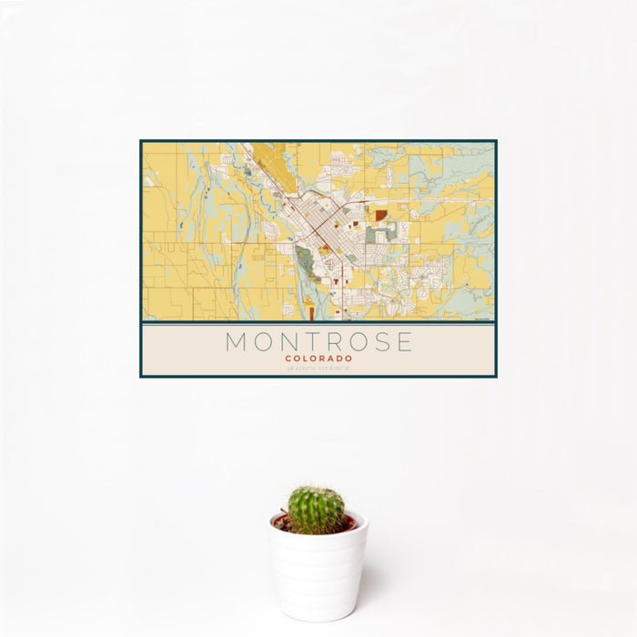12x18 Montrose Colorado Map Print Landscape Orientation in Woodblock Style With Small Cactus Plant in White Planter