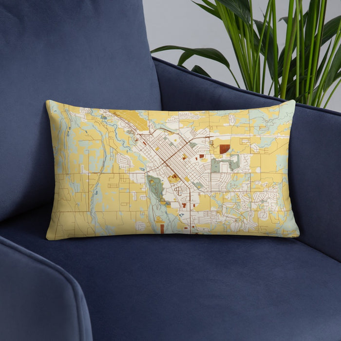 Custom Montrose Colorado Map Throw Pillow in Woodblock on Blue Colored Chair