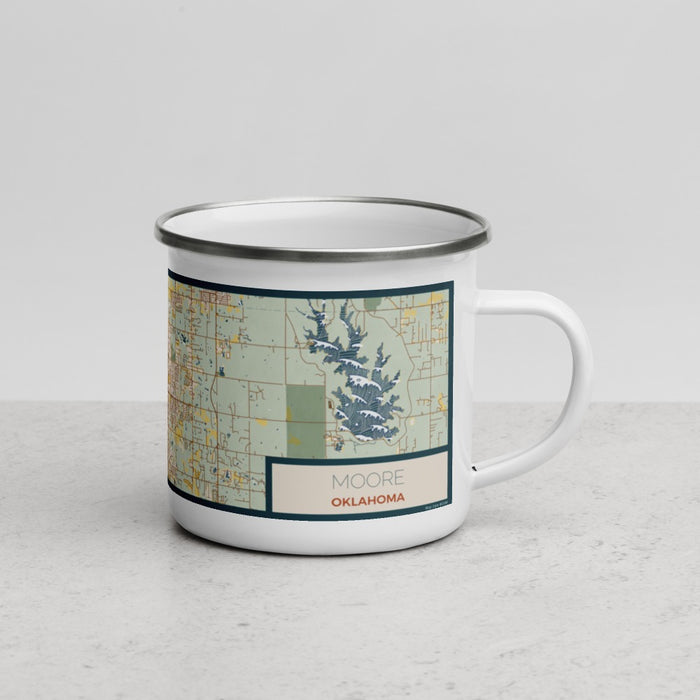 Right View Custom Moore Oklahoma Map Enamel Mug in Woodblock