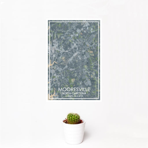 12x18 Mooresville North Carolina Map Print Portrait Orientation in Afternoon Style With Small Cactus Plant in White Planter