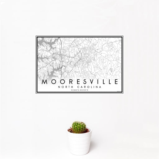 12x18 Mooresville North Carolina Map Print Landscape Orientation in Classic Style With Small Cactus Plant in White Planter