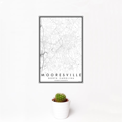 12x18 Mooresville North Carolina Map Print Portrait Orientation in Classic Style With Small Cactus Plant in White Planter