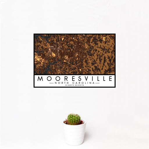 12x18 Mooresville North Carolina Map Print Landscape Orientation in Ember Style With Small Cactus Plant in White Planter