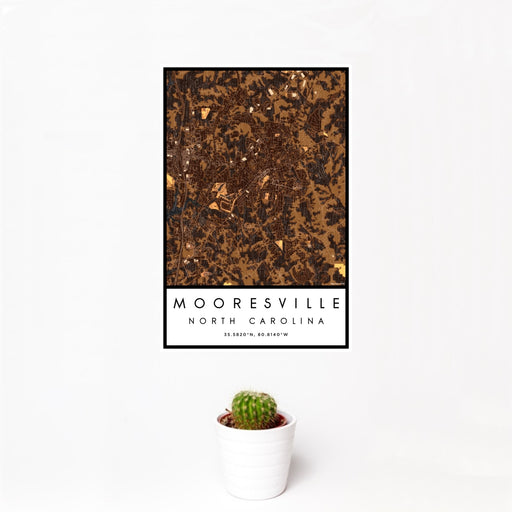 12x18 Mooresville North Carolina Map Print Portrait Orientation in Ember Style With Small Cactus Plant in White Planter