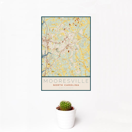 12x18 Mooresville North Carolina Map Print Portrait Orientation in Woodblock Style With Small Cactus Plant in White Planter