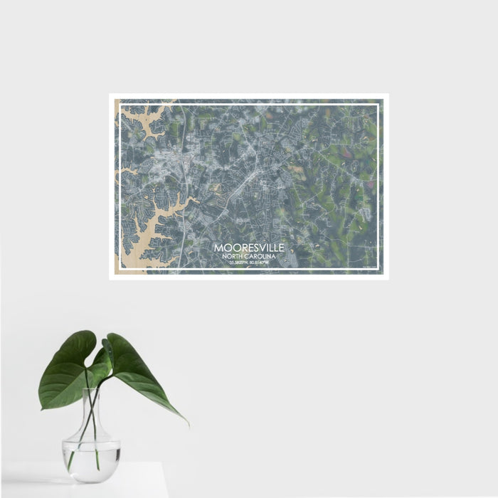 16x24 Mooresville North Carolina Map Print Landscape Orientation in Afternoon Style With Tropical Plant Leaves in Water