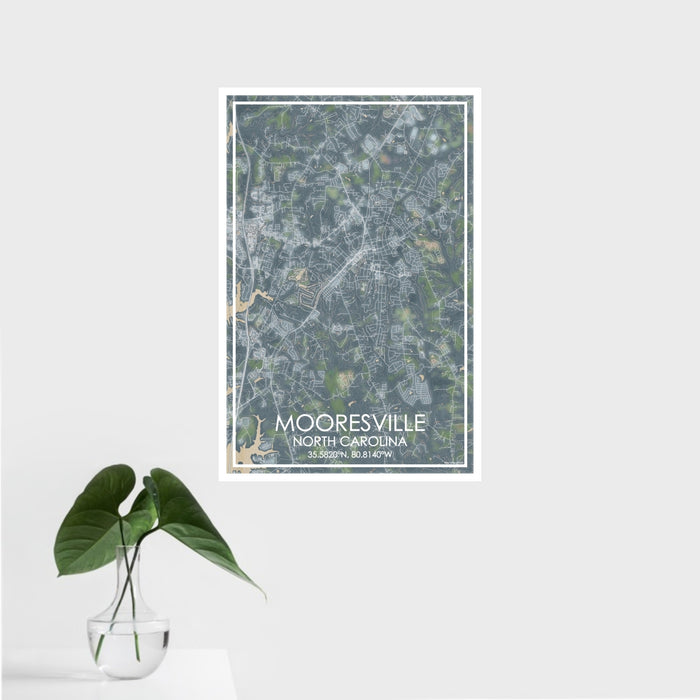 16x24 Mooresville North Carolina Map Print Portrait Orientation in Afternoon Style With Tropical Plant Leaves in Water