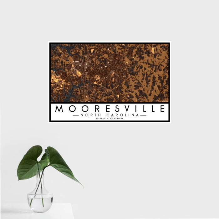 16x24 Mooresville North Carolina Map Print Landscape Orientation in Ember Style With Tropical Plant Leaves in Water