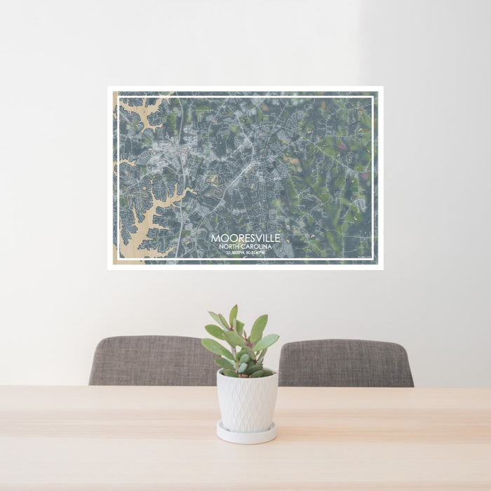 24x36 Mooresville North Carolina Map Print Lanscape Orientation in Afternoon Style Behind 2 Chairs Table and Potted Plant