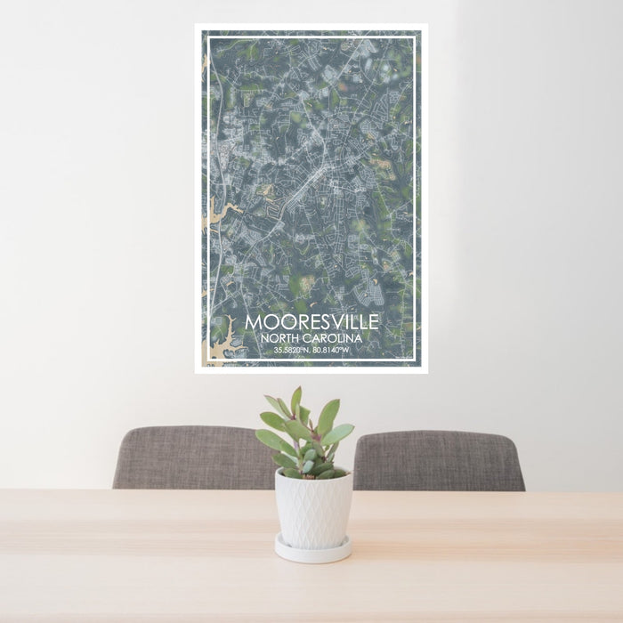 24x36 Mooresville North Carolina Map Print Portrait Orientation in Afternoon Style Behind 2 Chairs Table and Potted Plant