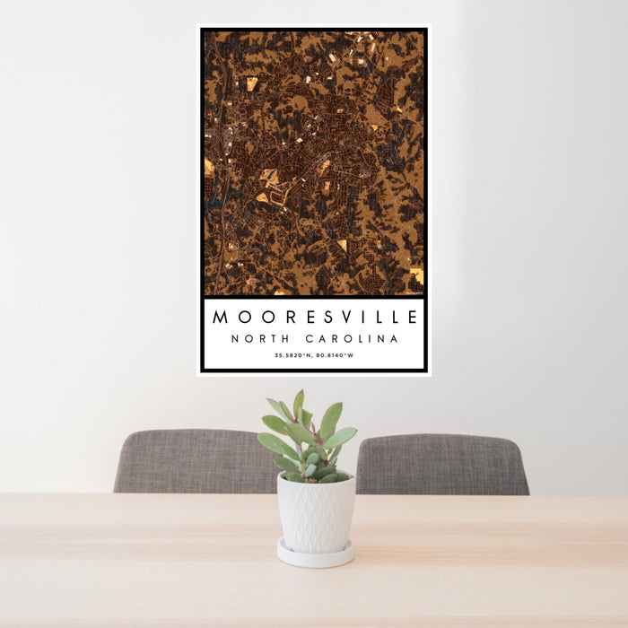 24x36 Mooresville North Carolina Map Print Portrait Orientation in Ember Style Behind 2 Chairs Table and Potted Plant
