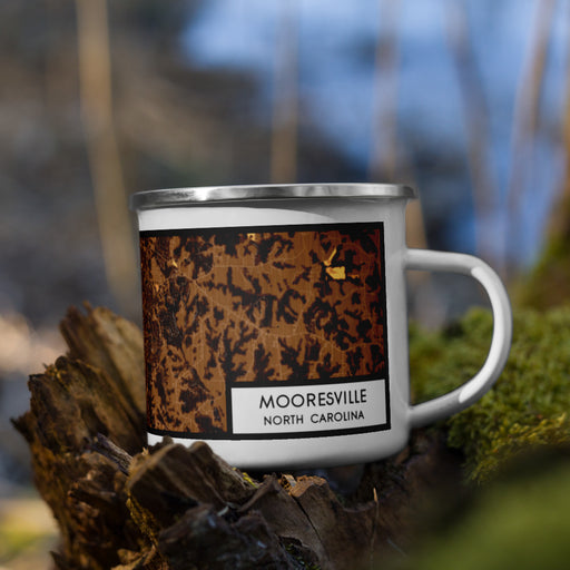 Right View Custom Mooresville North Carolina Map Enamel Mug in Ember on Grass With Trees in Background