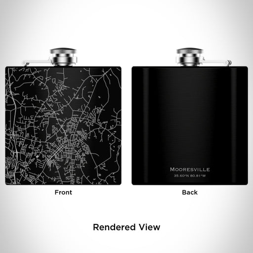 Rendered View of Mooresville North Carolina Map Engraving on 6oz Stainless Steel Flask in Black