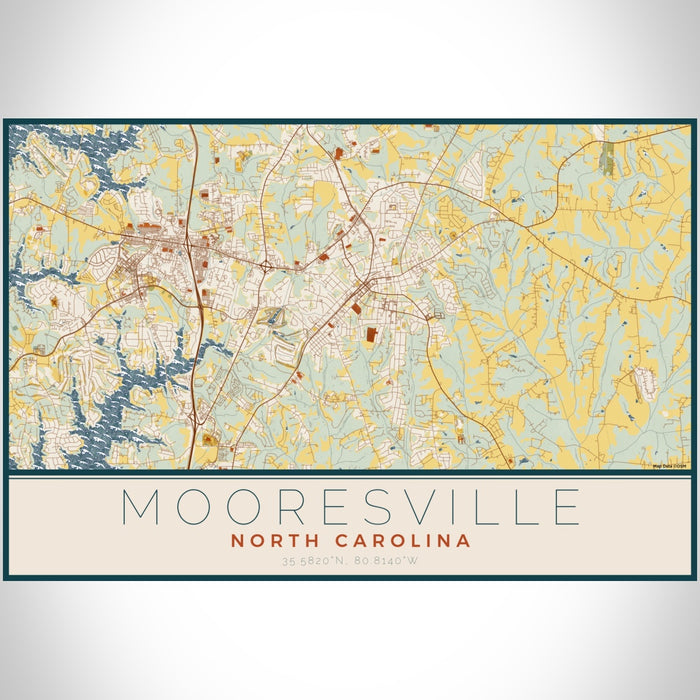 Mooresville North Carolina Map Print Landscape Orientation in Woodblock Style With Shaded Background