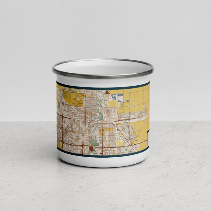 Front View Custom Moorhead Minnesota Map Enamel Mug in Woodblock