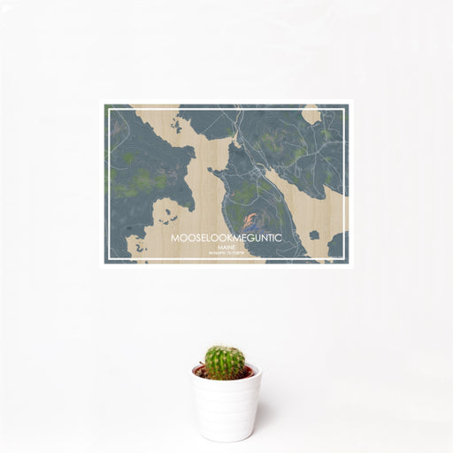 12x18 Mooselookmeguntic Maine Map Print Landscape Orientation in Afternoon Style With Small Cactus Plant in White Planter