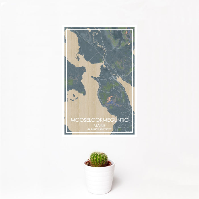 12x18 Mooselookmeguntic Maine Map Print Portrait Orientation in Afternoon Style With Small Cactus Plant in White Planter