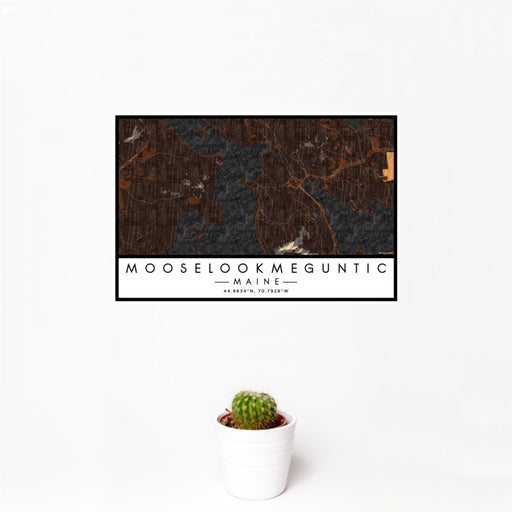 12x18 Mooselookmeguntic Maine Map Print Landscape Orientation in Ember Style With Small Cactus Plant in White Planter