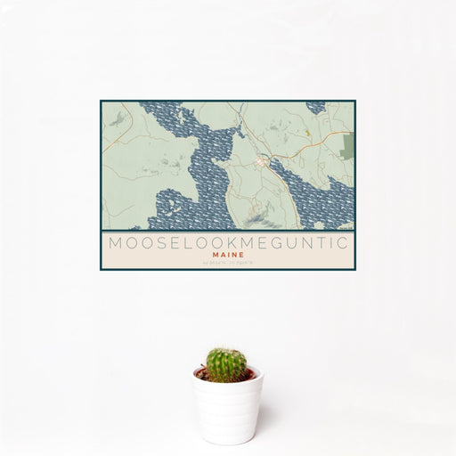12x18 Mooselookmeguntic Maine Map Print Landscape Orientation in Woodblock Style With Small Cactus Plant in White Planter
