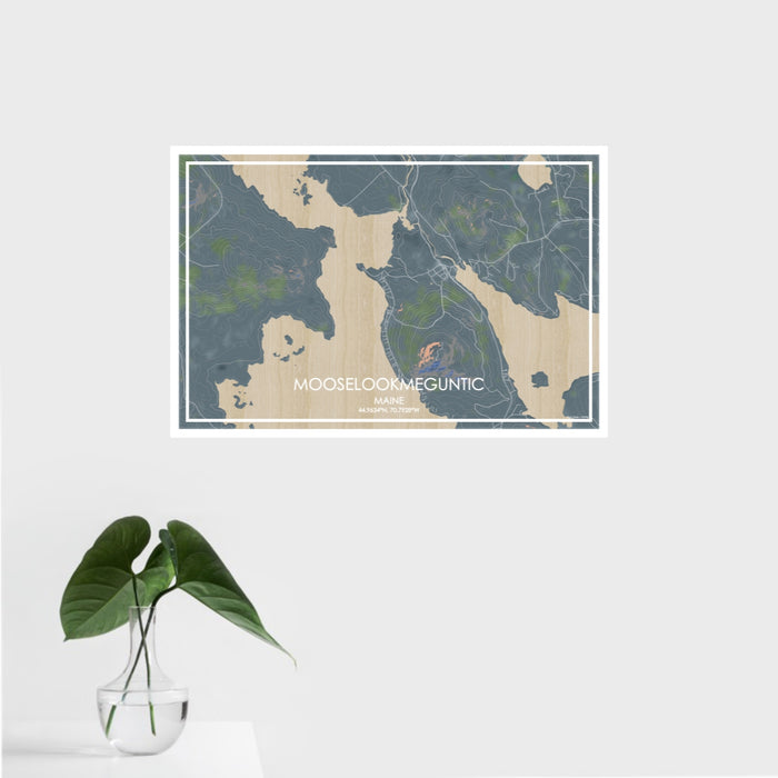 16x24 Mooselookmeguntic Maine Map Print Landscape Orientation in Afternoon Style With Tropical Plant Leaves in Water