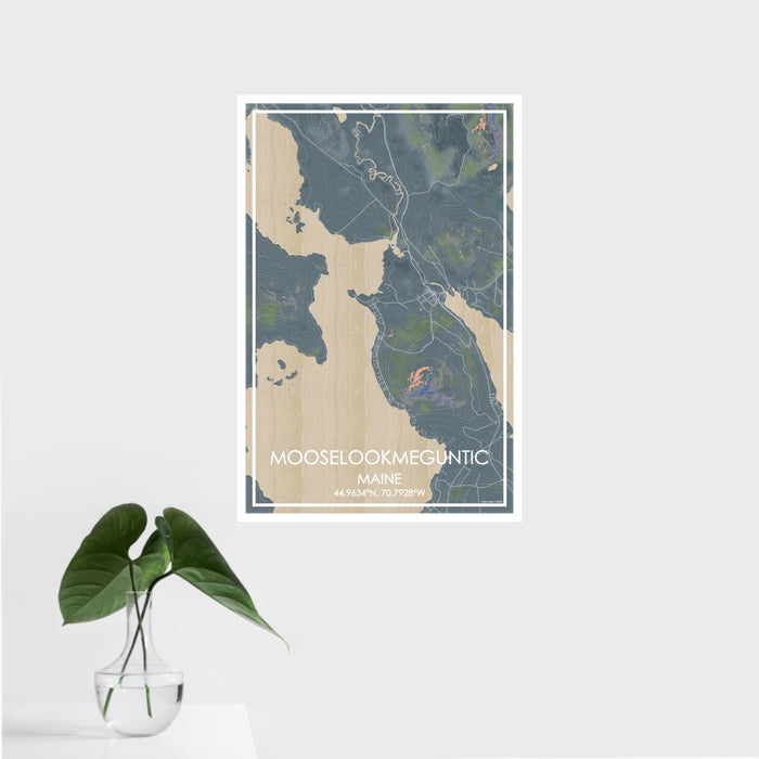 16x24 Mooselookmeguntic Maine Map Print Portrait Orientation in Afternoon Style With Tropical Plant Leaves in Water