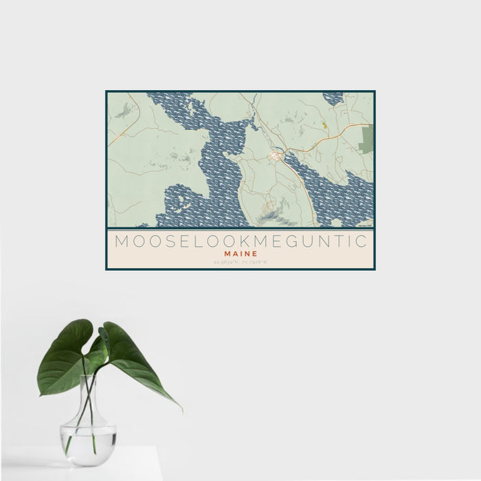16x24 Mooselookmeguntic Maine Map Print Landscape Orientation in Woodblock Style With Tropical Plant Leaves in Water