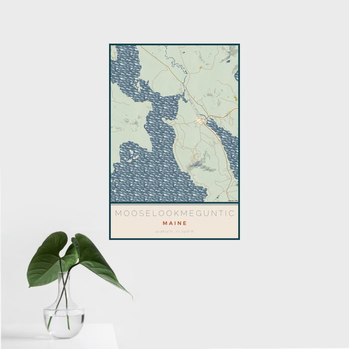 16x24 Mooselookmeguntic Maine Map Print Portrait Orientation in Woodblock Style With Tropical Plant Leaves in Water