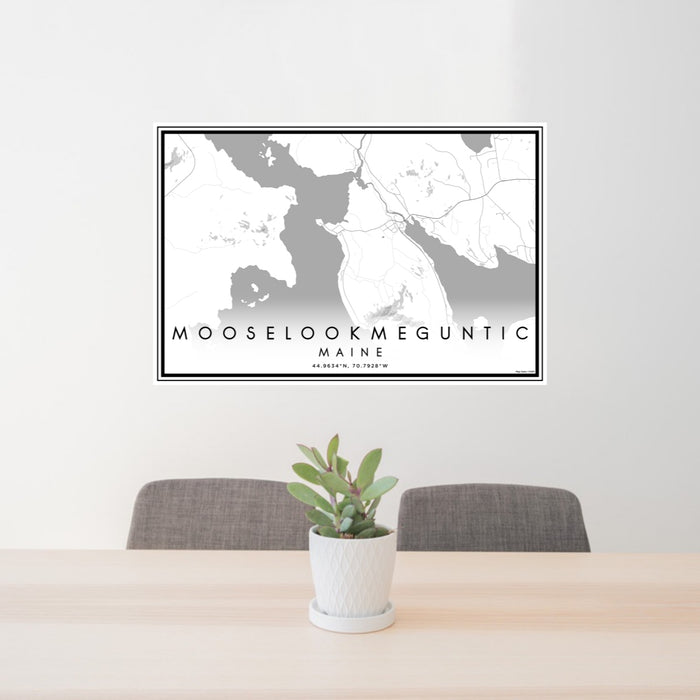 24x36 Mooselookmeguntic Maine Map Print Lanscape Orientation in Classic Style Behind 2 Chairs Table and Potted Plant