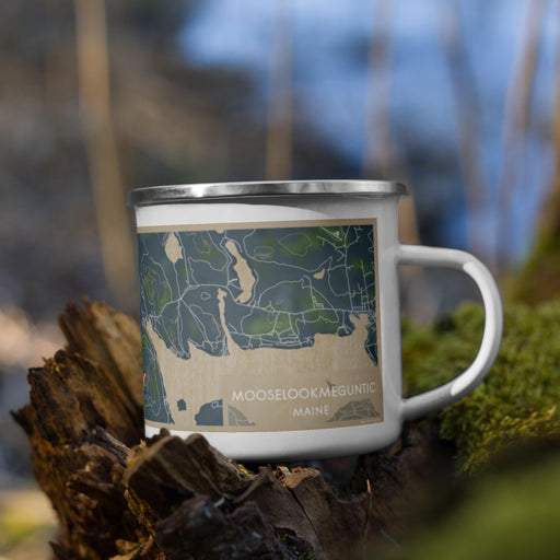 Right View Custom Mooselookmeguntic Maine Map Enamel Mug in Afternoon on Grass With Trees in Background