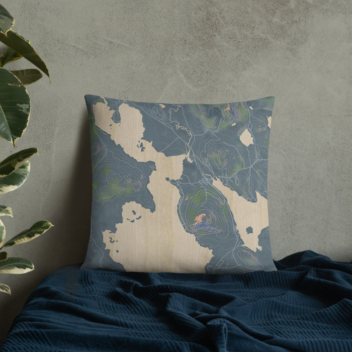 Custom Mooselookmeguntic Maine Map Throw Pillow in Afternoon on Bedding Against Wall