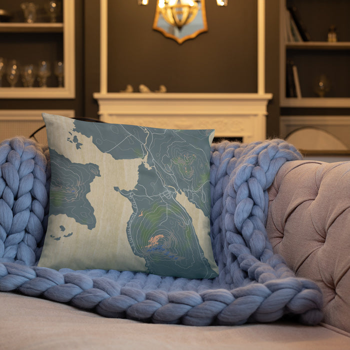 Custom Mooselookmeguntic Maine Map Throw Pillow in Afternoon on Cream Colored Couch