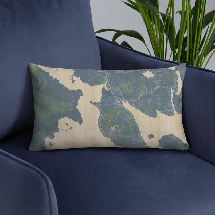 Custom Mooselookmeguntic Maine Map Throw Pillow in Afternoon on Blue Colored Chair