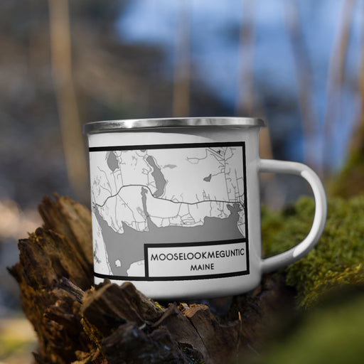 Right View Custom Mooselookmeguntic Maine Map Enamel Mug in Classic on Grass With Trees in Background