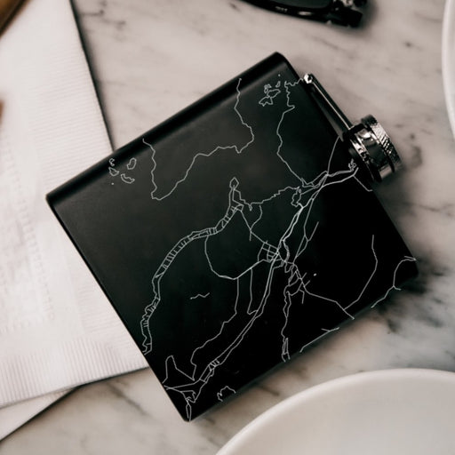 Mooselookmeguntic Maine Custom Engraved City Map Inscription Coordinates on 6oz Stainless Steel Flask in Black