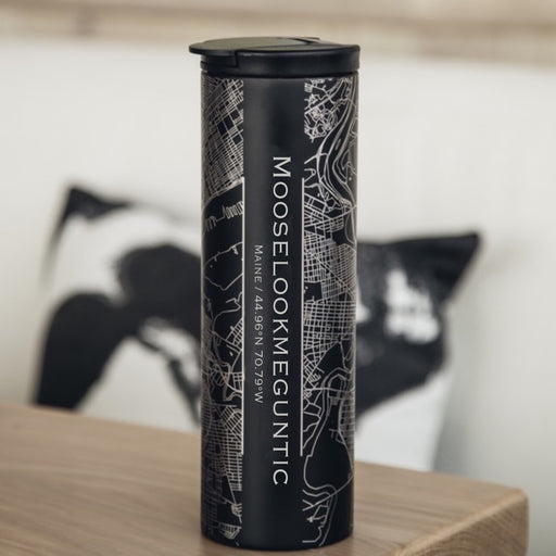 Mooselookmeguntic Maine Custom Engraved City Map Inscription Coordinates on 17oz Stainless Steel Insulated Tumbler in Black