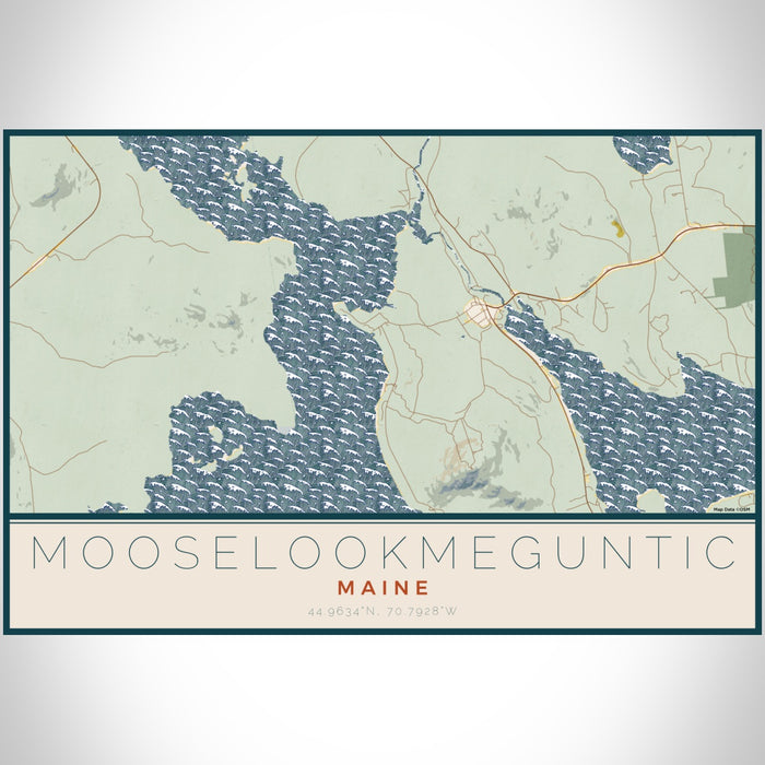 Mooselookmeguntic Maine Map Print Landscape Orientation in Woodblock Style With Shaded Background